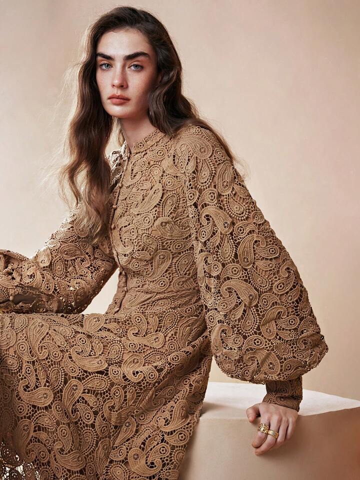 CM-DS541343 Women Elegant Seoul Style Embroidered Floral Design Extra Long Sleeve A-Line Maxi Dress - Apricot