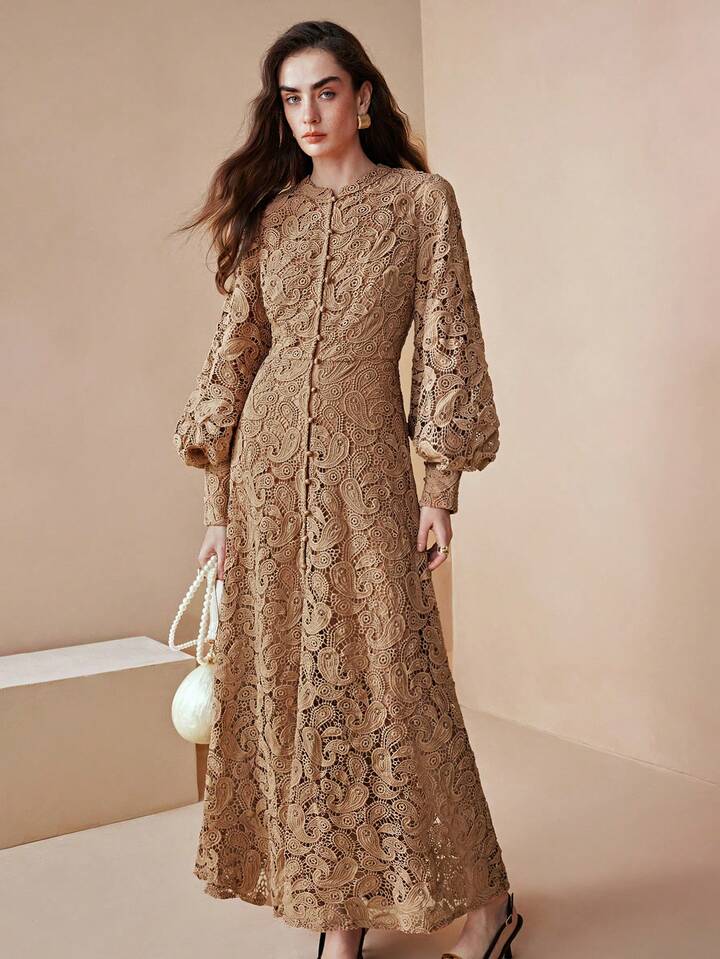 CM-DS541343 Women Elegant Seoul Style Embroidered Floral Design Extra Long Sleeve A-Line Maxi Dress - Apricot