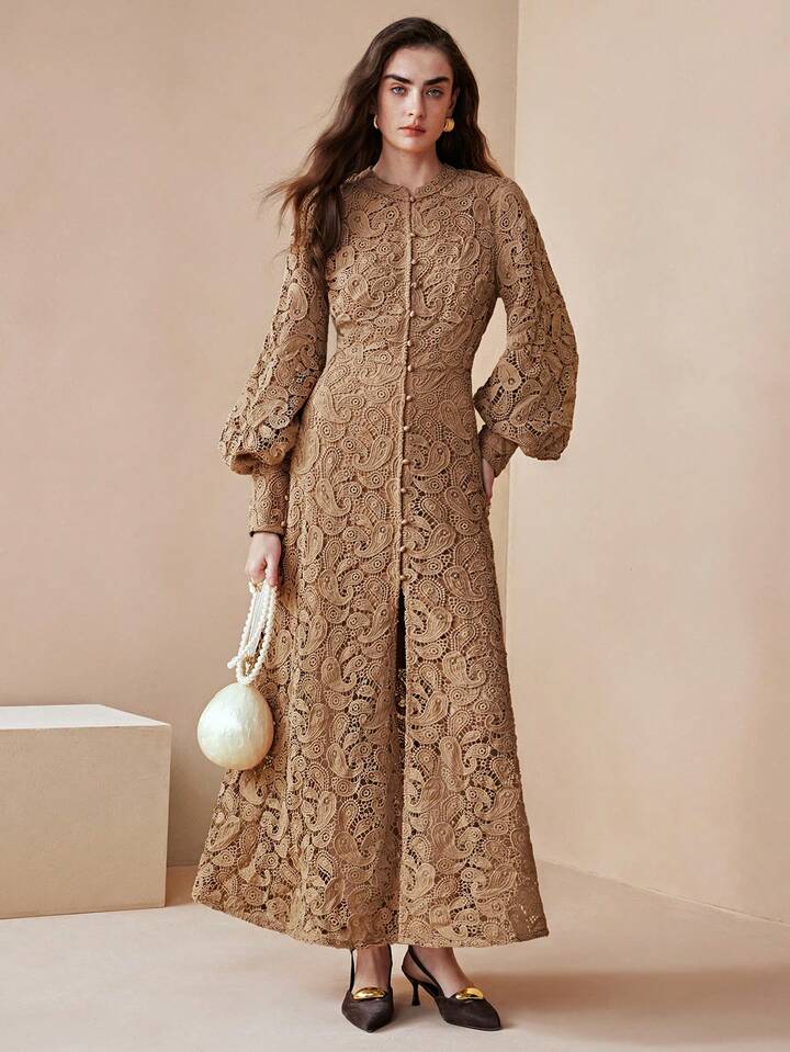 CM-DS541343 Women Elegant Seoul Style Embroidered Floral Design Extra Long Sleeve A-Line Maxi Dress - Apricot