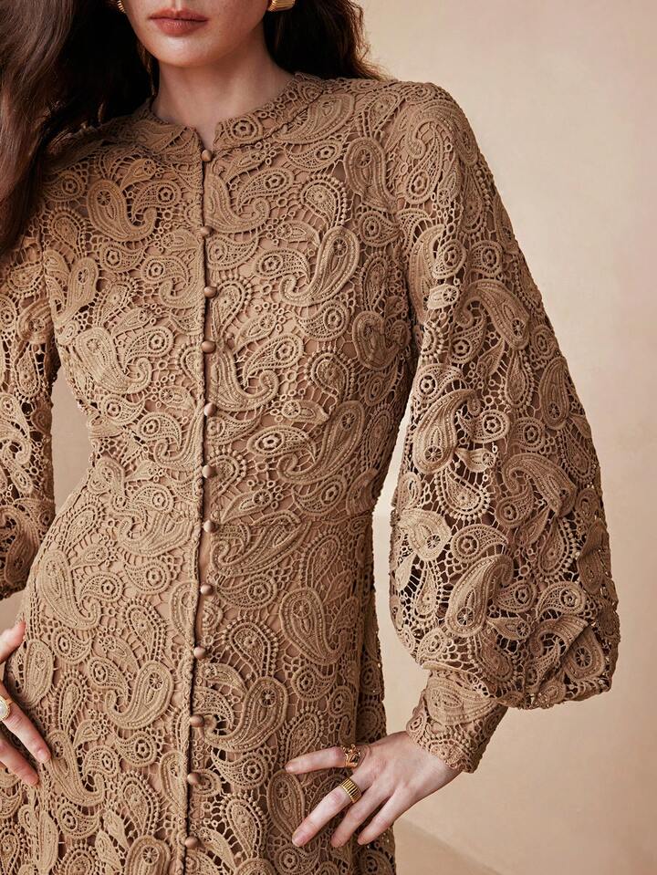 CM-DS541343 Women Elegant Seoul Style Embroidered Floral Design Extra Long Sleeve A-Line Maxi Dress - Apricot