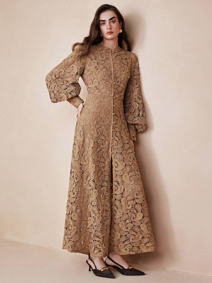 CM-DS541343 Women Elegant Seoul Style Embroidered Floral Design Extra Long Sleeve A-Line Maxi Dress - Apricot