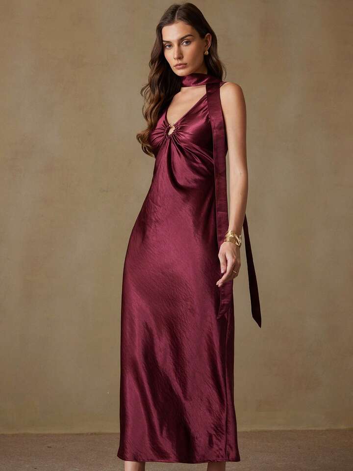CM-DS812200 Women Elegant Seoul Style Satin Ribbon Decor Pleated Hollow Out Sleeveless Dress - Burgundy