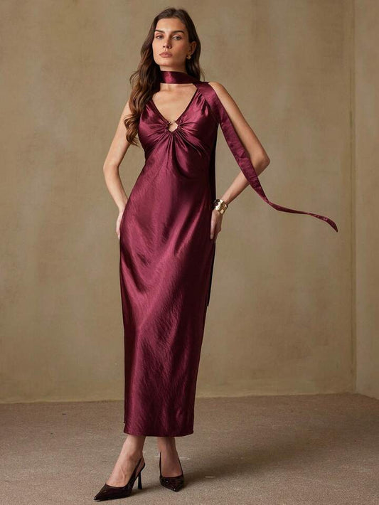 CM-DS812200 Women Elegant Seoul Style Satin Ribbon Decor Pleated Hollow Out Sleeveless Dress - Burgundy
