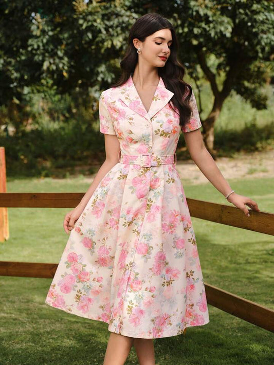 CM-DS154726 Women Elegant Seoul Style Floral Print Belted Collar Short Sleeve Fitted A-Line Midi Dress - Pink