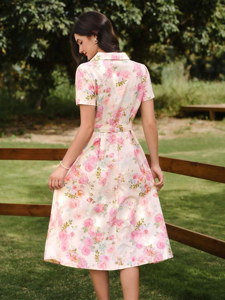 CM-DS154726 Women Elegant Seoul Style Floral Print Belted Collar Short Sleeve Fitted A-Line Midi Dress - Pink