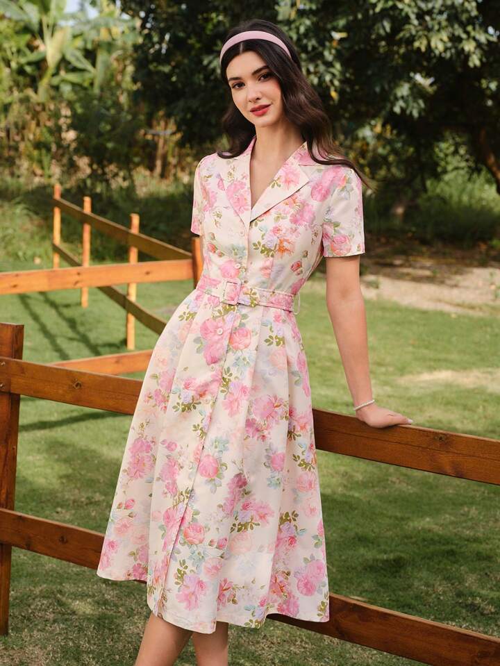 CM-DS154726 Women Elegant Seoul Style Floral Print Belted Collar Short Sleeve Fitted A-Line Midi Dress - Pink