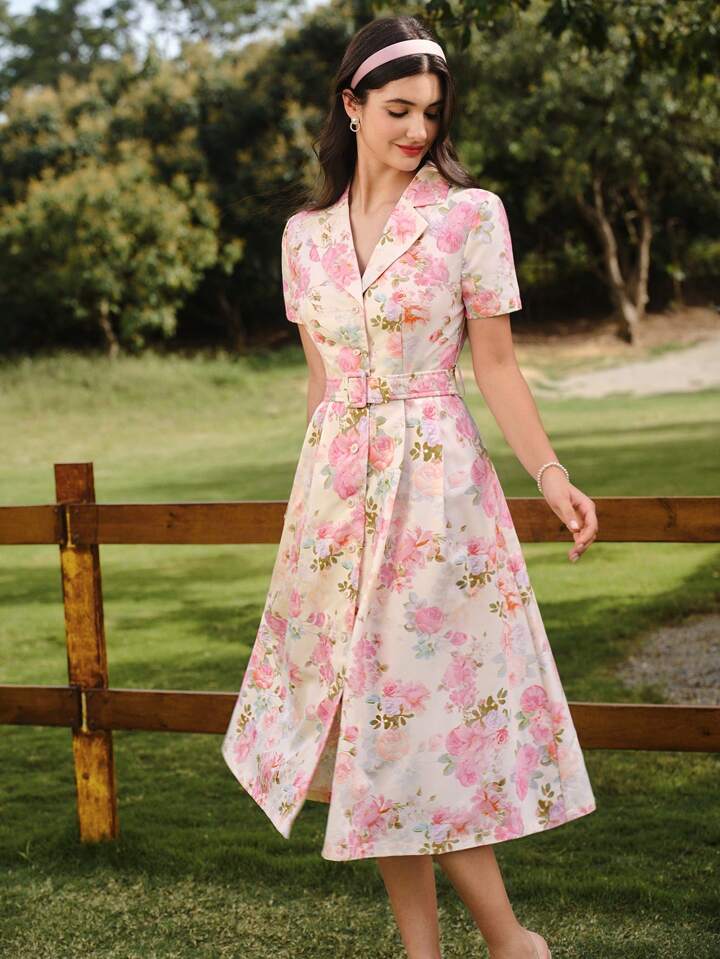 CM-DS154726 Women Elegant Seoul Style Floral Print Belted Collar Short Sleeve Fitted A-Line Midi Dress - Pink