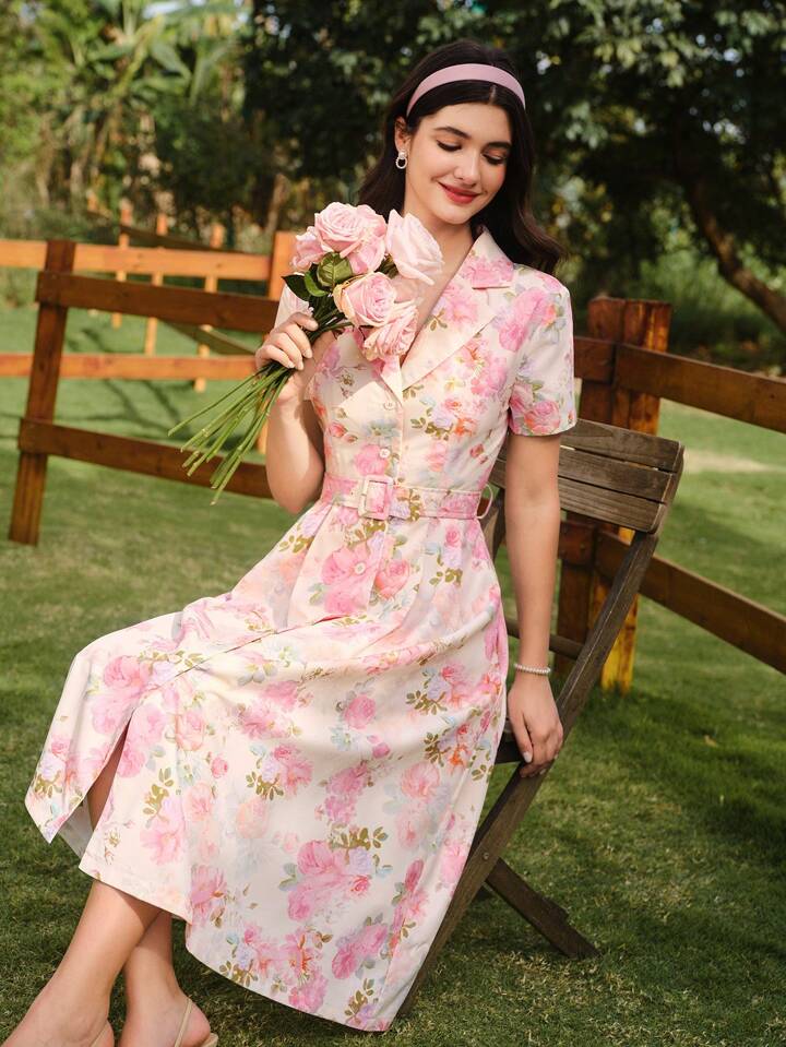 CM-DS154726 Women Elegant Seoul Style Floral Print Belted Collar Short Sleeve Fitted A-Line Midi Dress - Pink