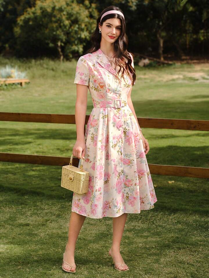 CM-DS154726 Women Elegant Seoul Style Floral Print Belted Collar Short Sleeve Fitted A-Line Midi Dress - Pink