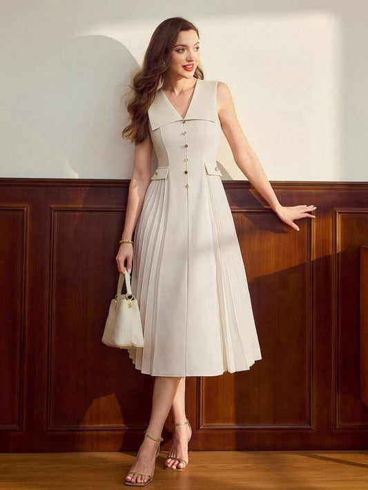 CM-DS462263 Women Elegant Seoul Style V-Neck Sleeveless Button Pleated High Waist A-Line Midi Dress - Beige