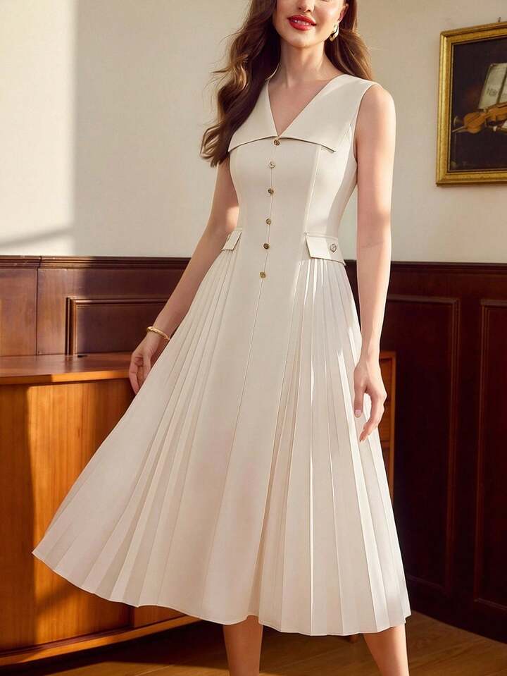 CM-DS462263 Women Elegant Seoul Style V-Neck Sleeveless Button Pleated High Waist A-Line Midi Dress - Beige