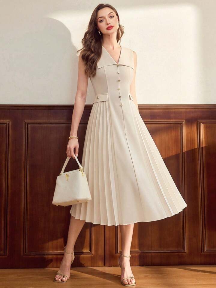 CM-DS462263 Women Elegant Seoul Style V-Neck Sleeveless Button Pleated High Waist A-Line Midi Dress - Beige