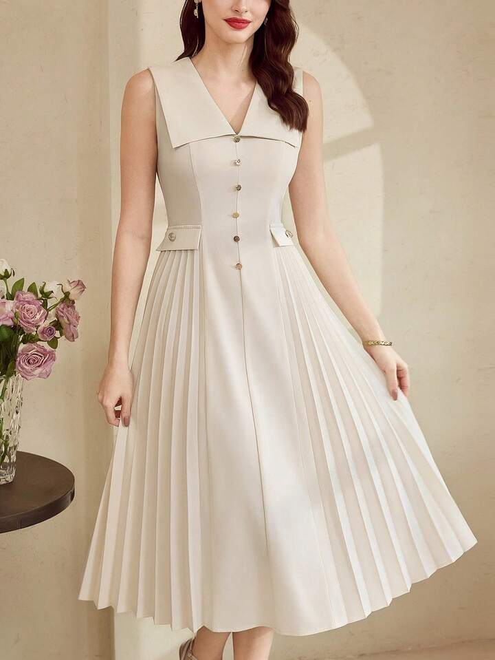 CM-DS462263 Women Elegant Seoul Style V-Neck Sleeveless Button Pleated High Waist A-Line Midi Dress - Beige