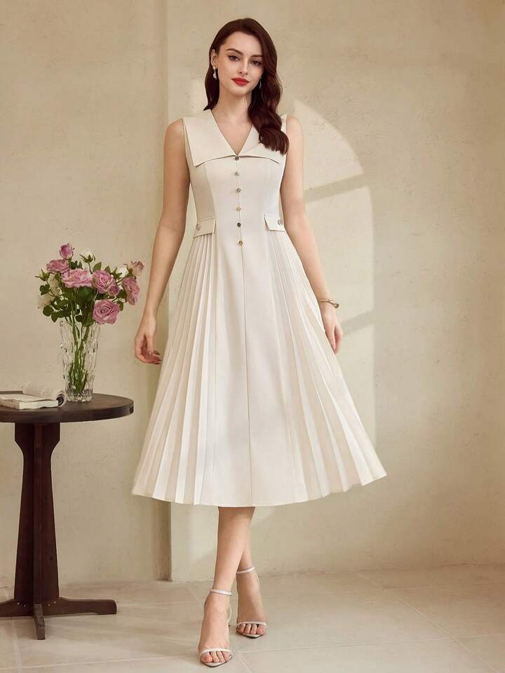 CM-DS462263 Women Elegant Seoul Style V-Neck Sleeveless Button Pleated High Waist A-Line Midi Dress - Beige