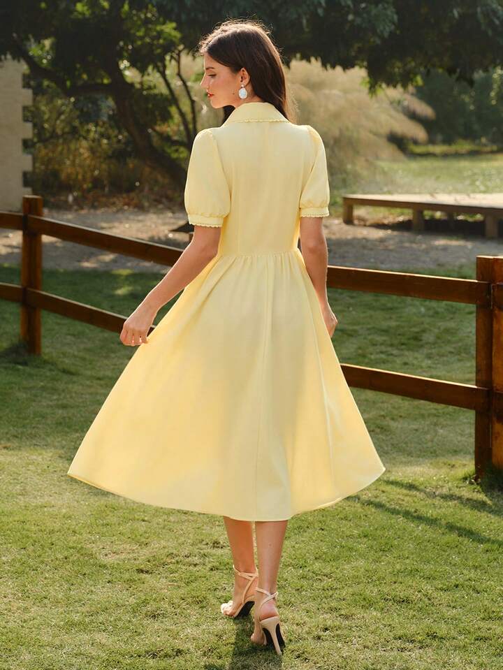 CM-DS243089 Women Elegnat Seoul Style Floral Patchwork Embroidered Fitted Splice A-Line Midi Dress - Pale Yellow