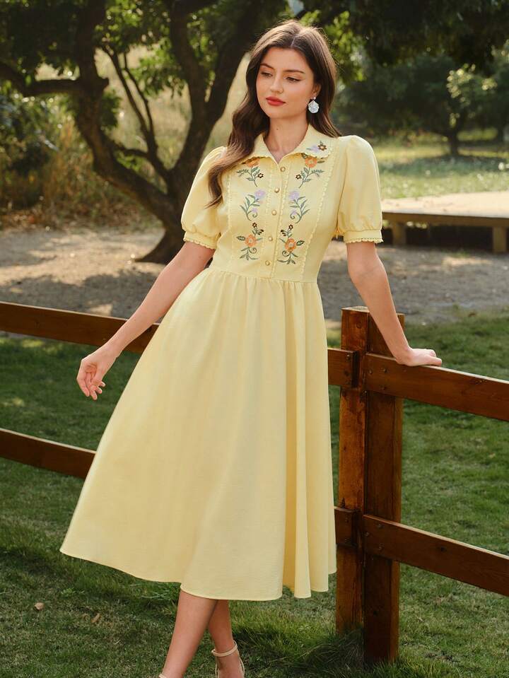 CM-DS243089 Women Elegnat Seoul Style Floral Patchwork Embroidered Fitted Splice A-Line Midi Dress - Pale Yellow