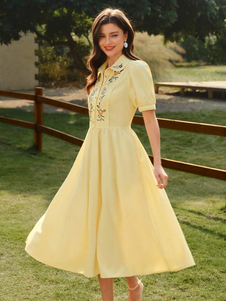 CM-DS243089 Women Elegnat Seoul Style Floral Patchwork Embroidered Fitted Splice A-Line Midi Dress - Pale Yellow