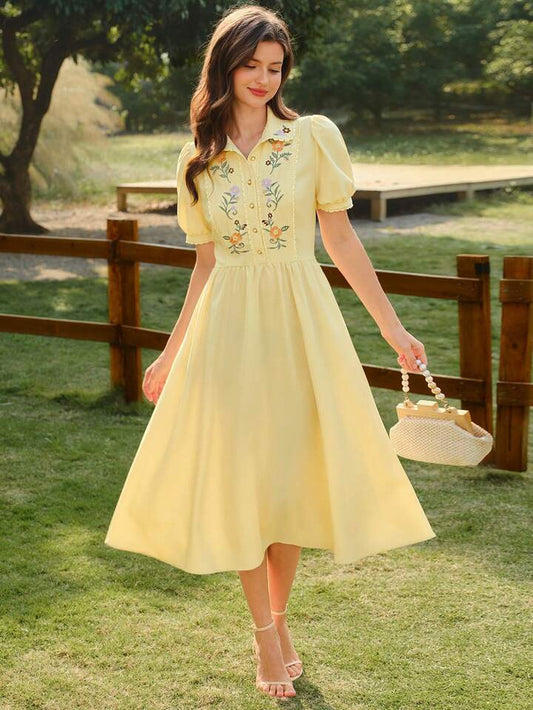 CM-DS243089 Women Elegnat Seoul Style Floral Patchwork Embroidered Fitted Splice A-Line Midi Dress - Pale Yellow