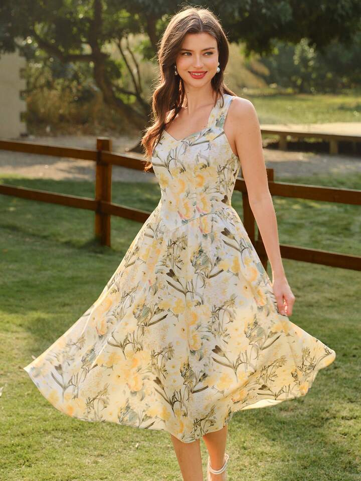 CM-DS889910 Women Elegant Seoul Style Floral Print Sweetheart Neckline Spaghetti Strap A-Line Midi Dress - Yellow