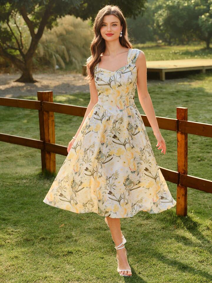 CM-DS889910 Women Elegant Seoul Style Floral Print Sweetheart Neckline Spaghetti Strap A-Line Midi Dress - Yellow