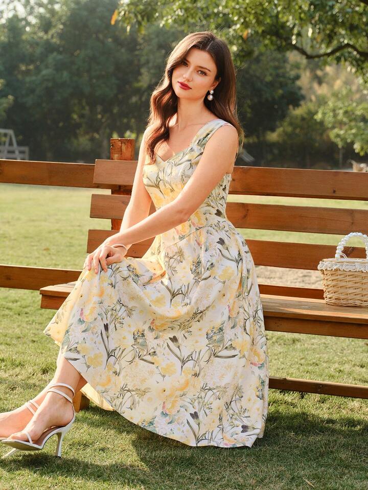 CM-DS889910 Women Elegant Seoul Style Floral Print Sweetheart Neckline Spaghetti Strap A-Line Midi Dress - Yellow