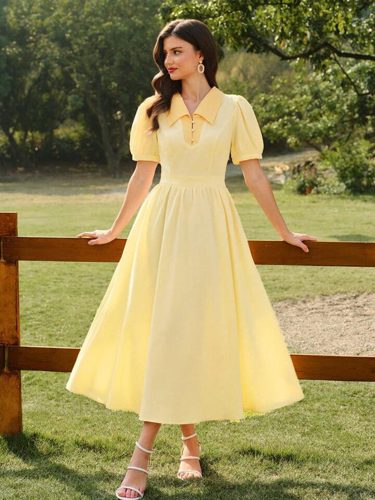 CM-DS986112 Women Elegant Seoul Style Floral Print Fitted Contrast Color Collar Puff Sleeve Midi Dress - Pale Yellow