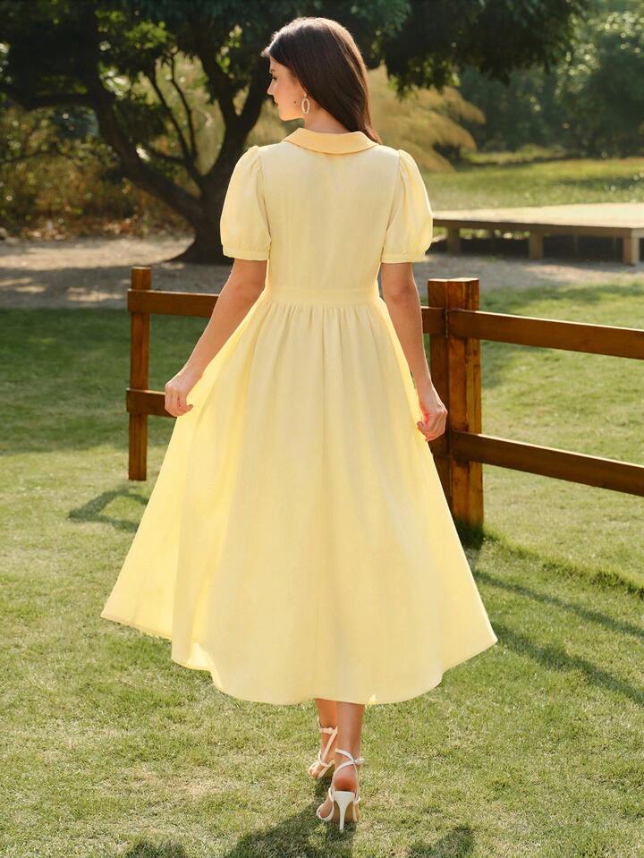 CM-DS986112 Women Elegant Seoul Style Floral Print Fitted Contrast Color Collar Puff Sleeve Midi Dress - Pale Yellow