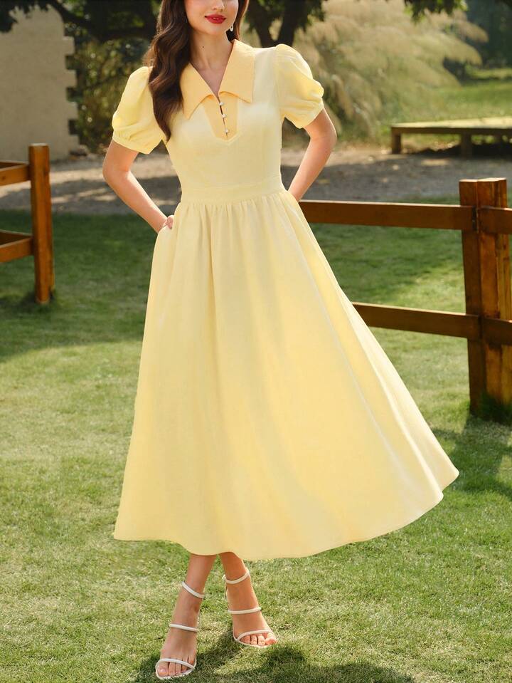 CM-DS986112 Women Elegant Seoul Style Floral Print Fitted Contrast Color Collar Puff Sleeve Midi Dress - Pale Yellow