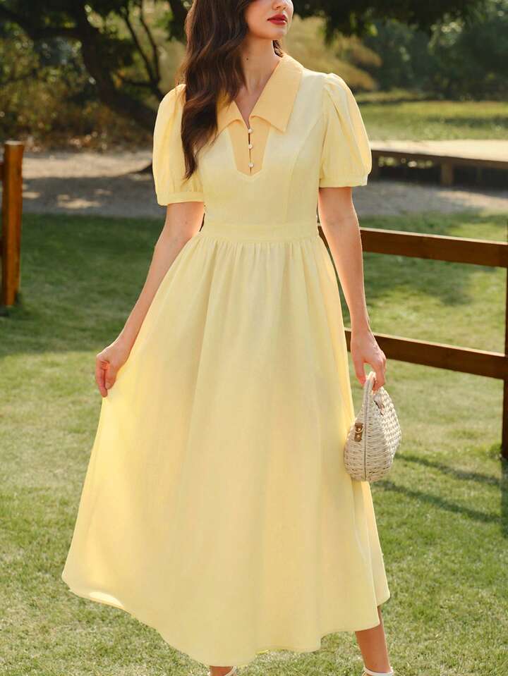 CM-DS986112 Women Elegant Seoul Style Floral Print Fitted Contrast Color Collar Puff Sleeve Midi Dress - Pale Yellow