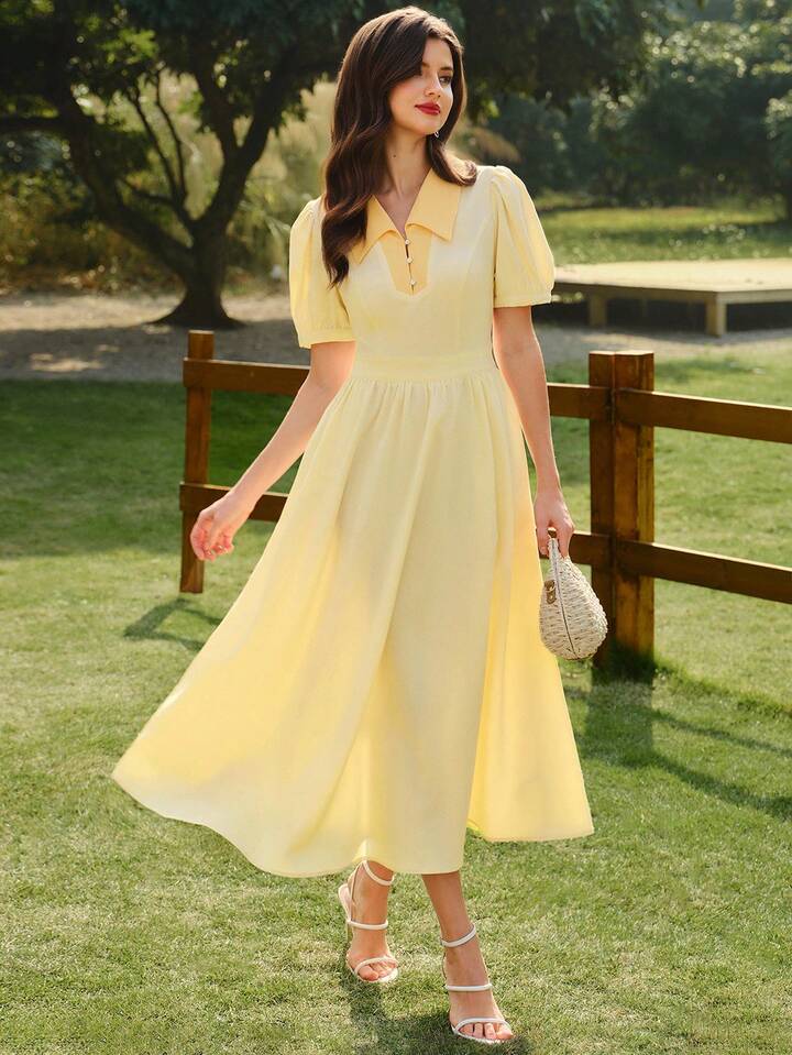 CM-DS986112 Women Elegant Seoul Style Floral Print Fitted Contrast Color Collar Puff Sleeve Midi Dress - Pale Yellow