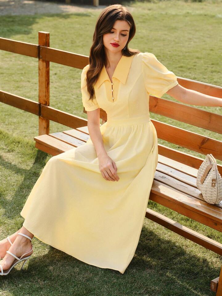 CM-DS986112 Women Elegant Seoul Style Floral Print Fitted Contrast Color Collar Puff Sleeve Midi Dress - Pale Yellow
