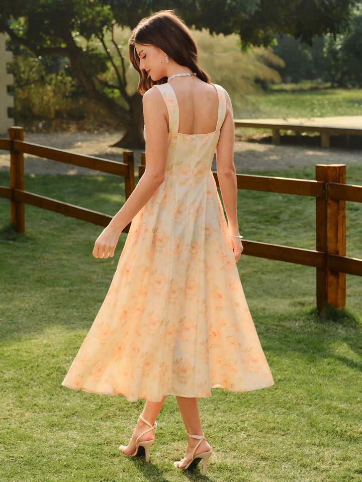 CM-DS238921 Women Elegant Seoul Style Floral Print Straps Sleeveless Ruffle Hem Bodycon Dress - Apricot