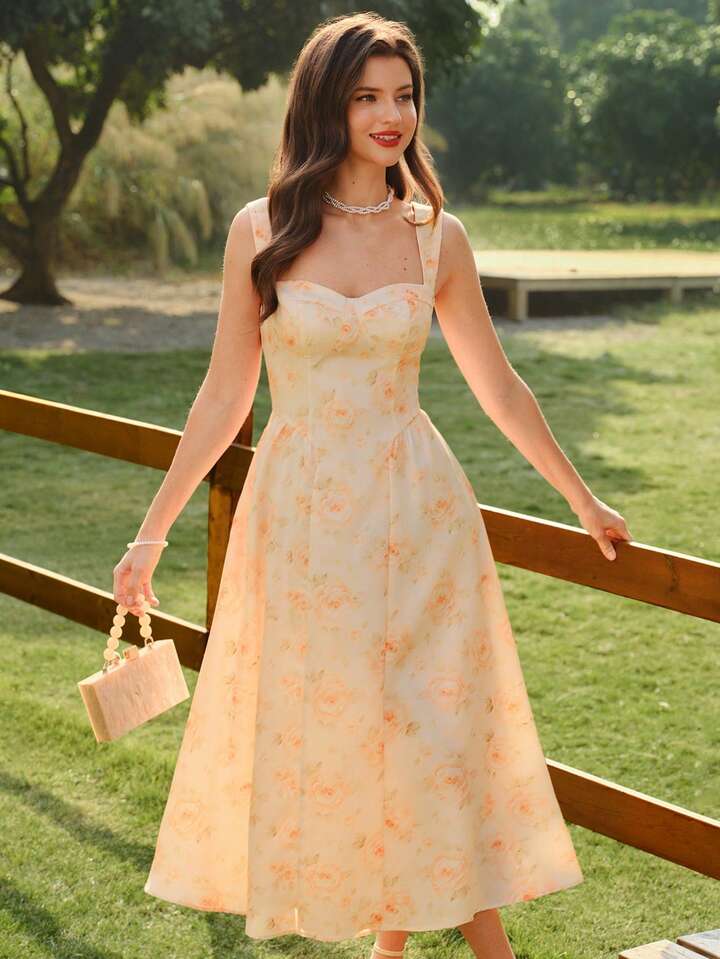 CM-DS238921 Women Elegant Seoul Style Floral Print Straps Sleeveless Ruffle Hem Bodycon Dress - Apricot