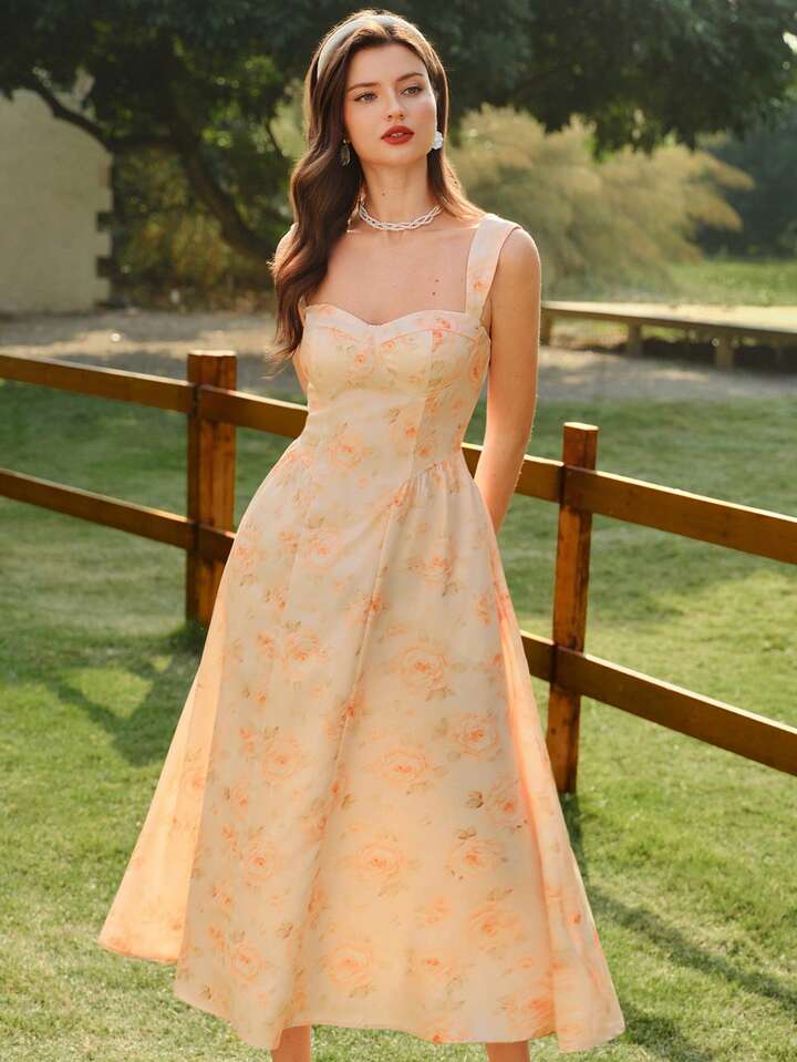 CM-DS238921 Women Elegant Seoul Style Floral Print Straps Sleeveless Ruffle Hem Bodycon Dress - Apricot