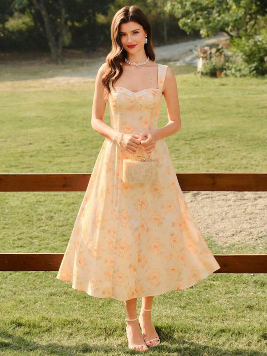 CM-DS238921 Women Elegant Seoul Style Floral Print Straps Sleeveless Ruffle Hem Bodycon Dress - Apricot