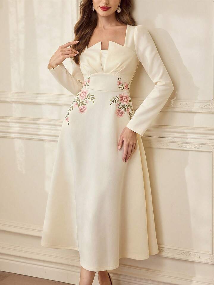 CM-DS716868 Women Elegant Seoul Style Floral Embroidery Stand Collar Long Sleeve A-Line Midi Dress - Beige
