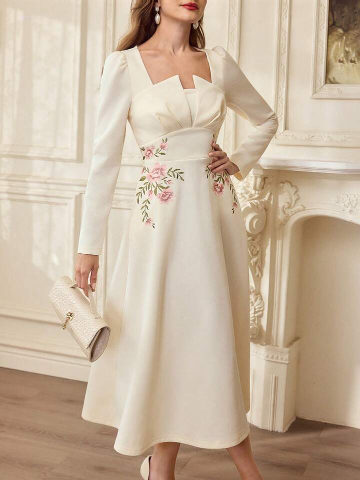 CM-DS716868 Women Elegant Seoul Style Floral Embroidery Stand Collar Long Sleeve A-Line Midi Dress - Beige