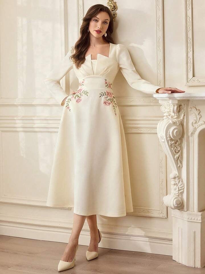 CM-DS716868 Women Elegant Seoul Style Floral Embroidery Stand Collar Long Sleeve A-Line Midi Dress - Beige