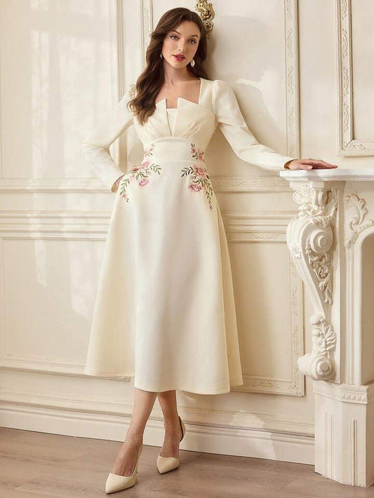 CM-DS716868 Women Elegant Seoul Style Floral Embroidery Stand Collar Long Sleeve A-Line Midi Dress - Beige