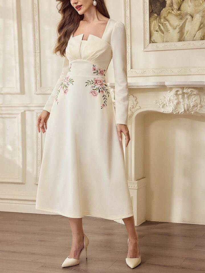 CM-DS716868 Women Elegant Seoul Style Floral Embroidery Stand Collar Long Sleeve A-Line Midi Dress - Beige