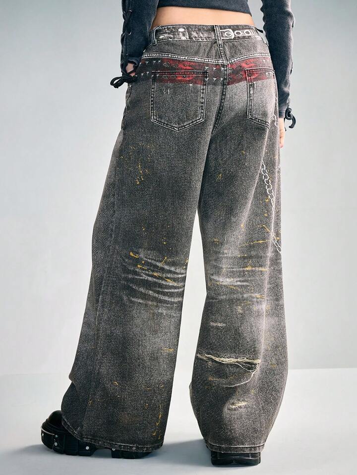 CM-BS954946 Women Casual Seoul Style Vintage Chain Print Low Waist Loose Wide Leg Jeans - Black