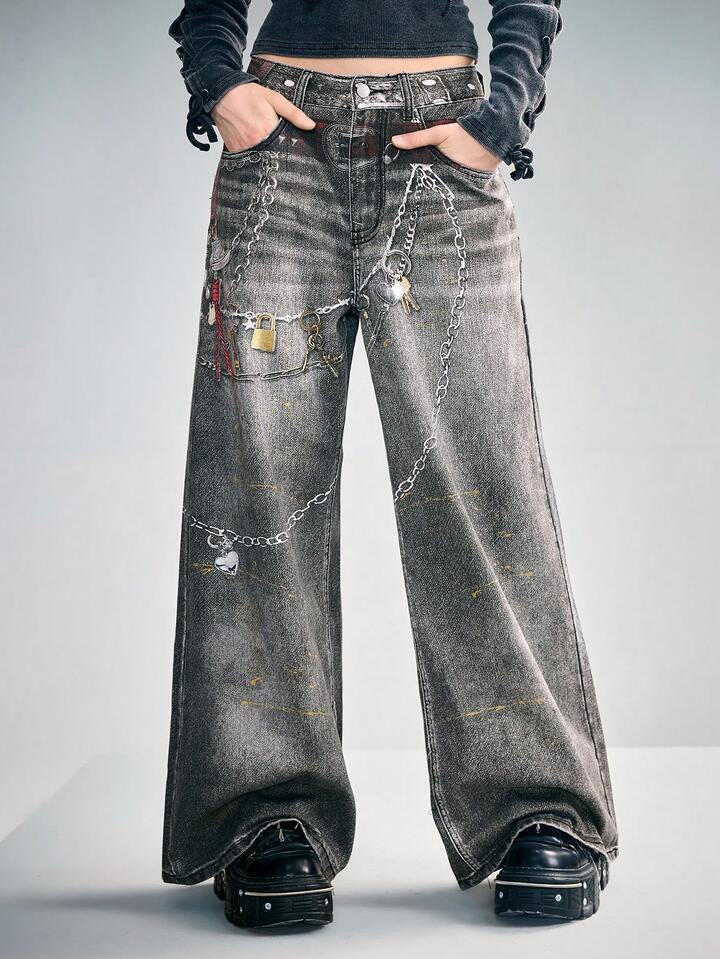 CM-BS954946 Women Casual Seoul Style Vintage Chain Print Low Waist Loose Wide Leg Jeans - Black