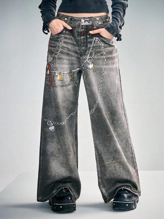 CM-BS954946 Women Casual Seoul Style Vintage Chain Print Low Waist Loose Wide Leg Jeans - Black