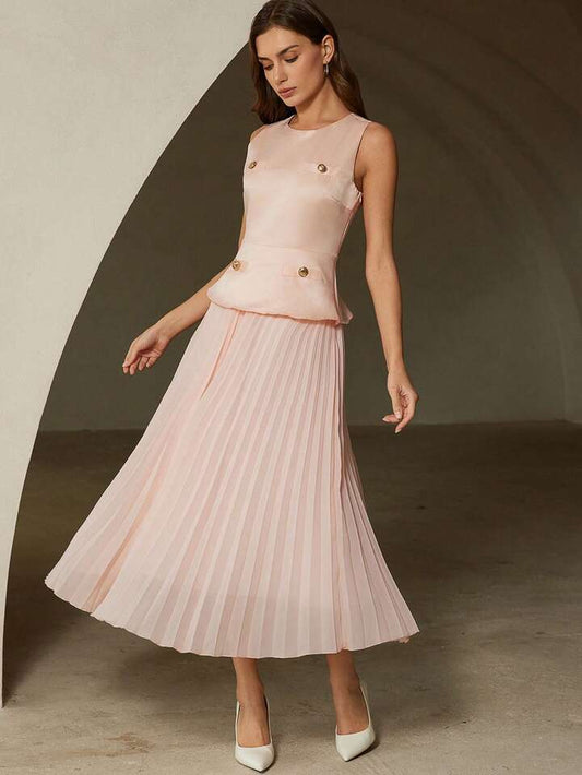 CM-DS329195 Women Elegant Seoul Sttle Round Neck Metal Button Decor Sleeveless Pleated A-Line Dress - Pink