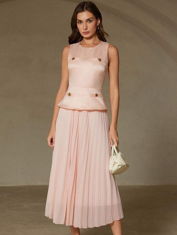 CM-DS329195 Women Elegant Seoul Sttle Round Neck Metal Button Decor Sleeveless Pleated A-Line Dress - Pink