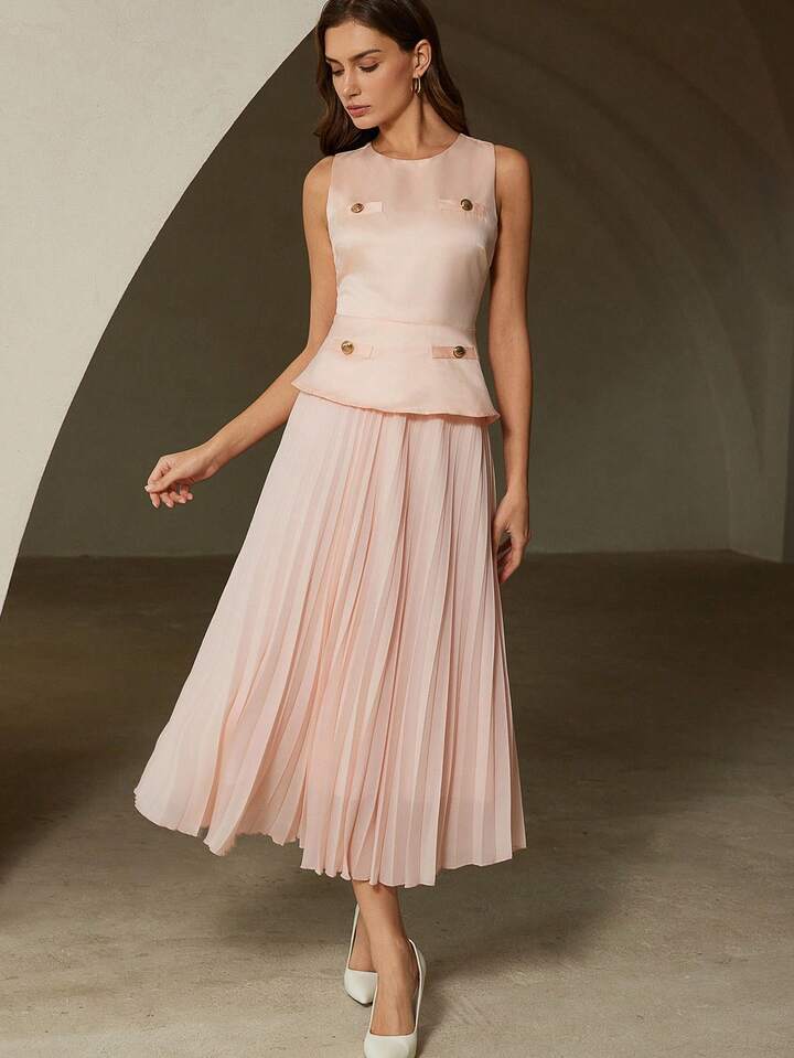 CM-DS329195 Women Elegant Seoul Sttle Round Neck Metal Button Decor Sleeveless Pleated A-Line Dress - Pink