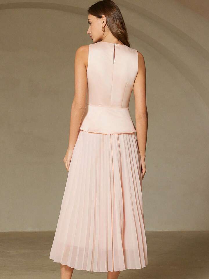 CM-DS329195 Women Elegant Seoul Sttle Round Neck Metal Button Decor Sleeveless Pleated A-Line Dress - Pink