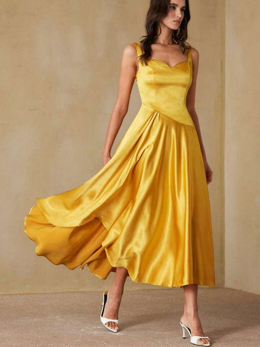 CM-DS567698 Women Elegant Seoul Style Square Neck Sleeveless Patchwork Irregular Asymmetric Satin Midi Dress