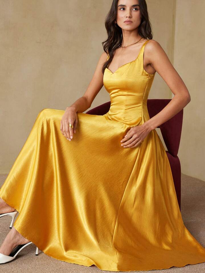 CM-DS567698 Women Elegant Seoul Style Square Neck Sleeveless Patchwork Irregular Asymmetric Satin Midi Dress