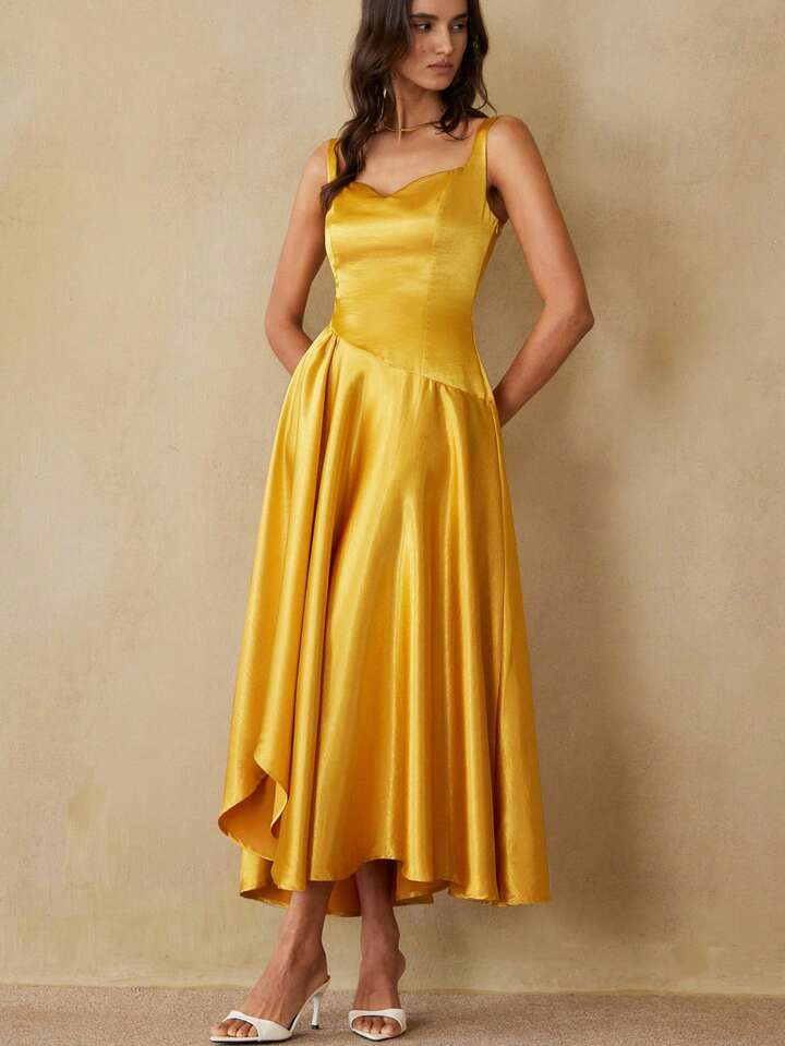 CM-DS567698 Women Elegant Seoul Style Square Neck Sleeveless Patchwork Irregular Asymmetric Satin Midi Dress